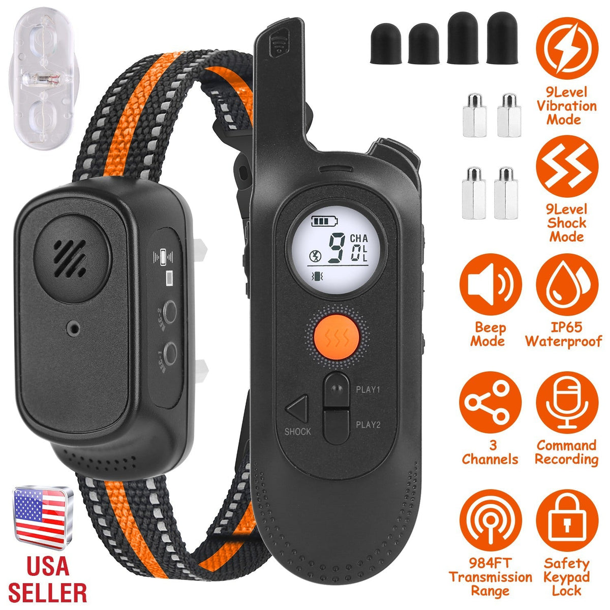984FT Training Collar Waterproof Beep Vibration Electric Shock 3 Channels Rechargeable