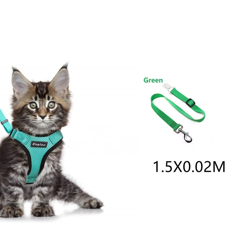 Escape Proof Harness Car Seat Belt Adapter Reflective Soft Mesh Harness For Kitten Puppy