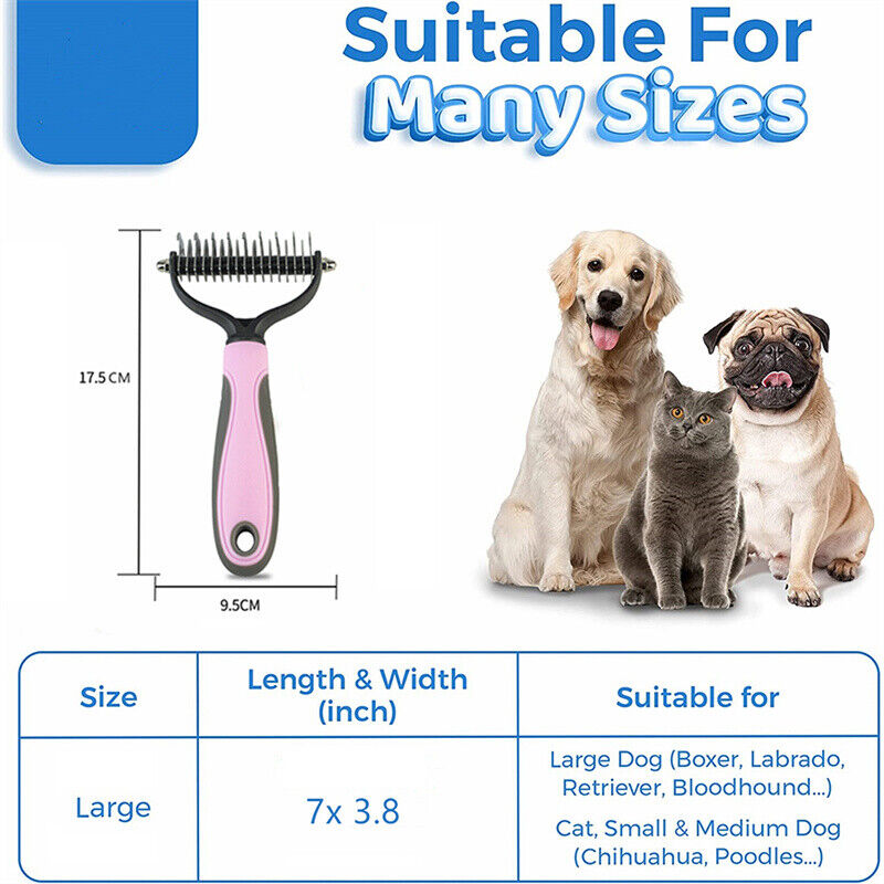 Grooming Brush For Dog Cat Deshedding Rake Comb Fur Remover Reducer 2-Side Tool