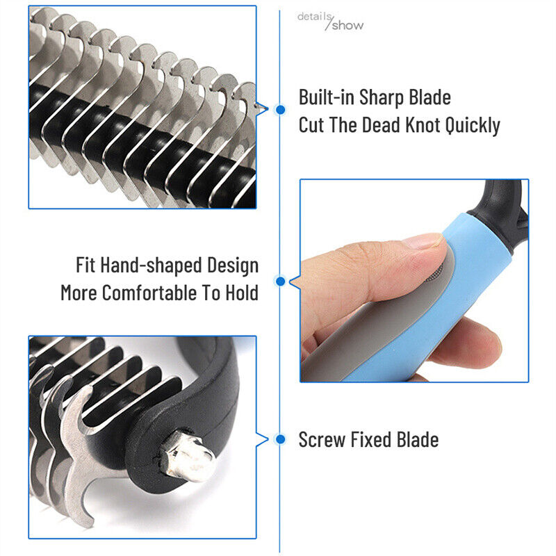 Grooming Brush For Dog Cat Deshedding Rake Comb Fur Remover Reducer 2-Side Tool