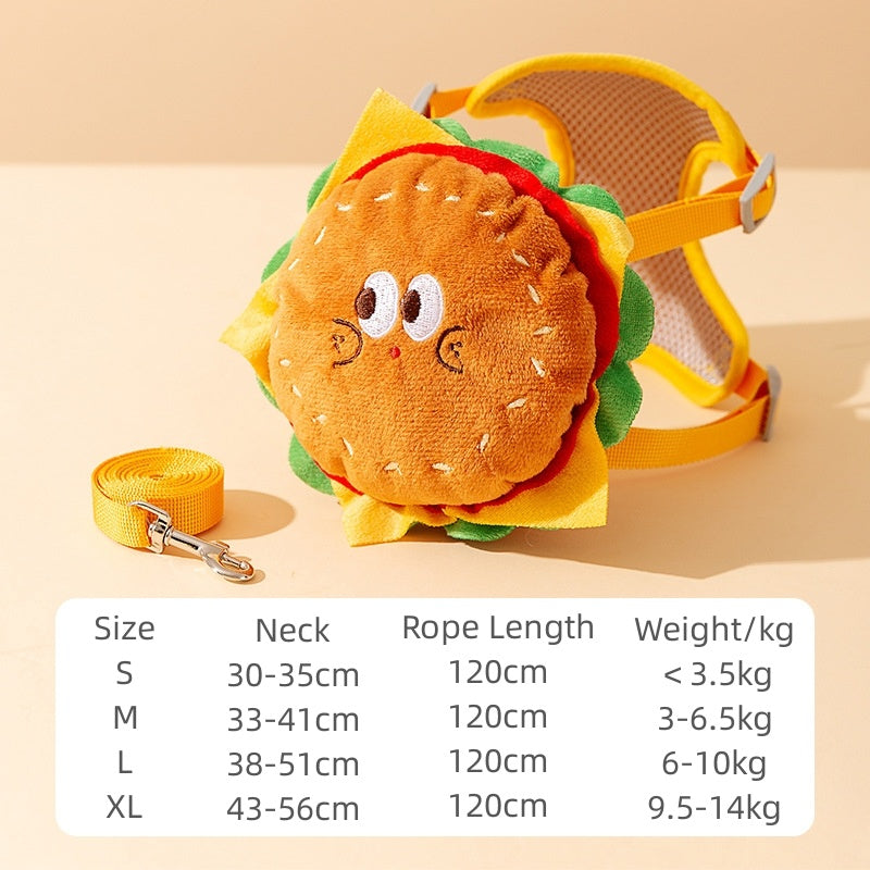 Cartoon Hamburger Chips Design Vest Leash For Cats And Dogs W/ Backpack Escape Proof