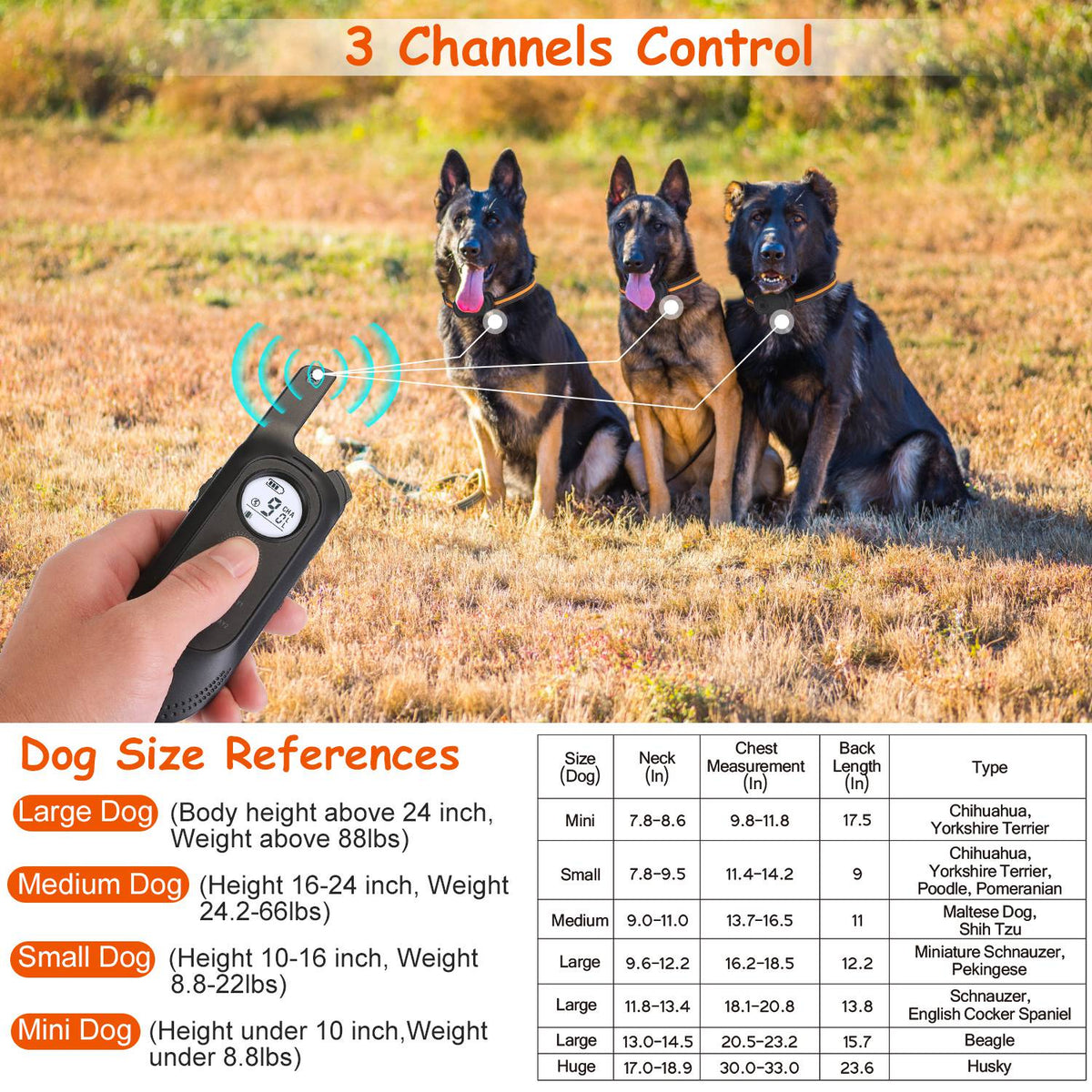 984FT Training Collar Waterproof Beep Vibration Electric Shock 3 Channels Rechargeable