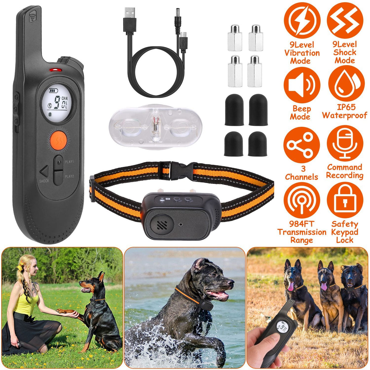 984FT Training Collar Waterproof Beep Vibration Electric Shock 3 Channels Rechargeable