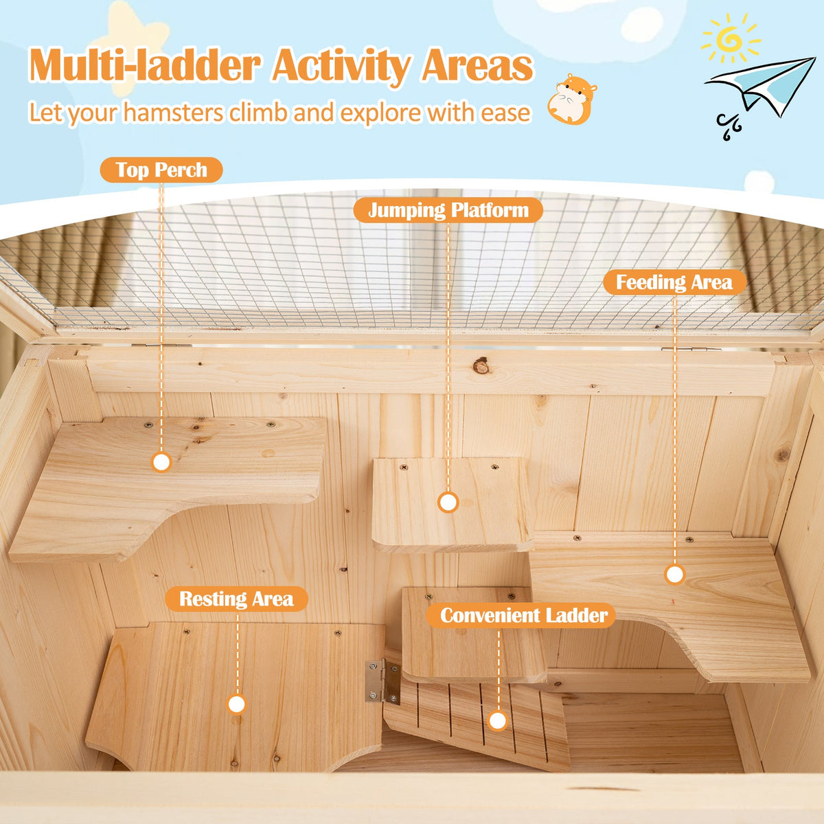 31.5 Inches Freestanding Hamster Cage Wooden Hamster Habitat Playpen-Natural