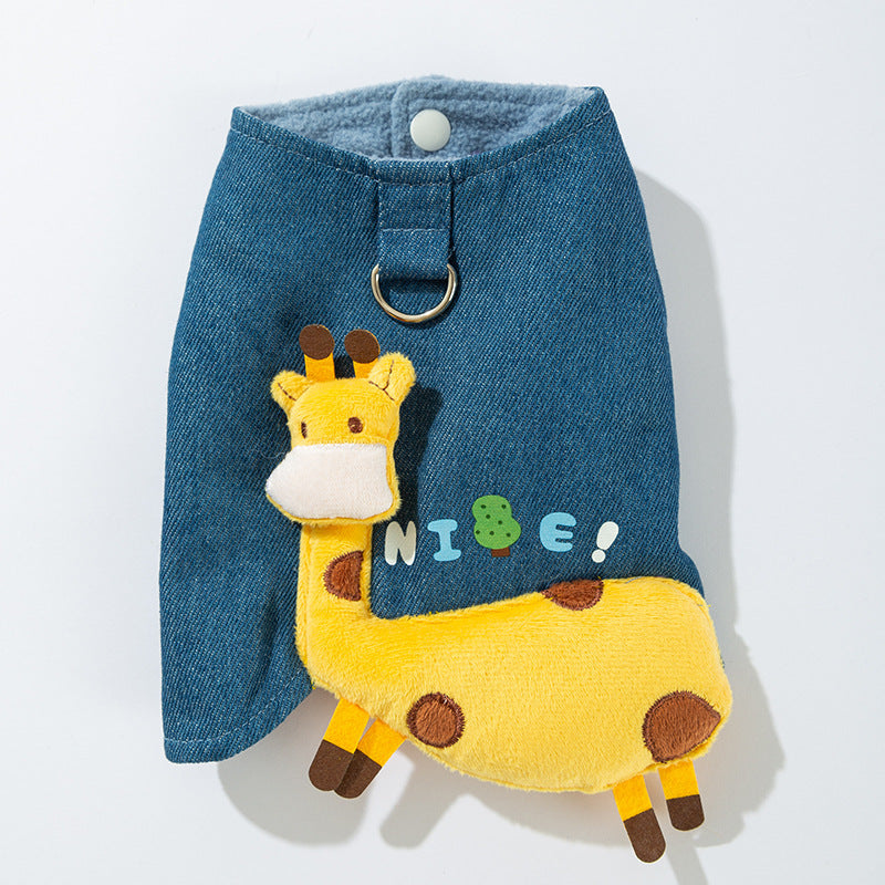 3D Deer Denim Vest, Warm Fleece Lined Pullover Small Dogs Cats Winter Costume With Leash