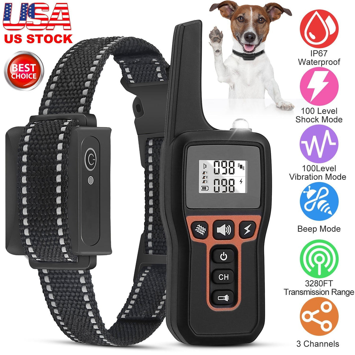 3280 FT Dog Training Collar IP67 Waterproof Pet Beep Vibration Electric rechargeable 3 modes