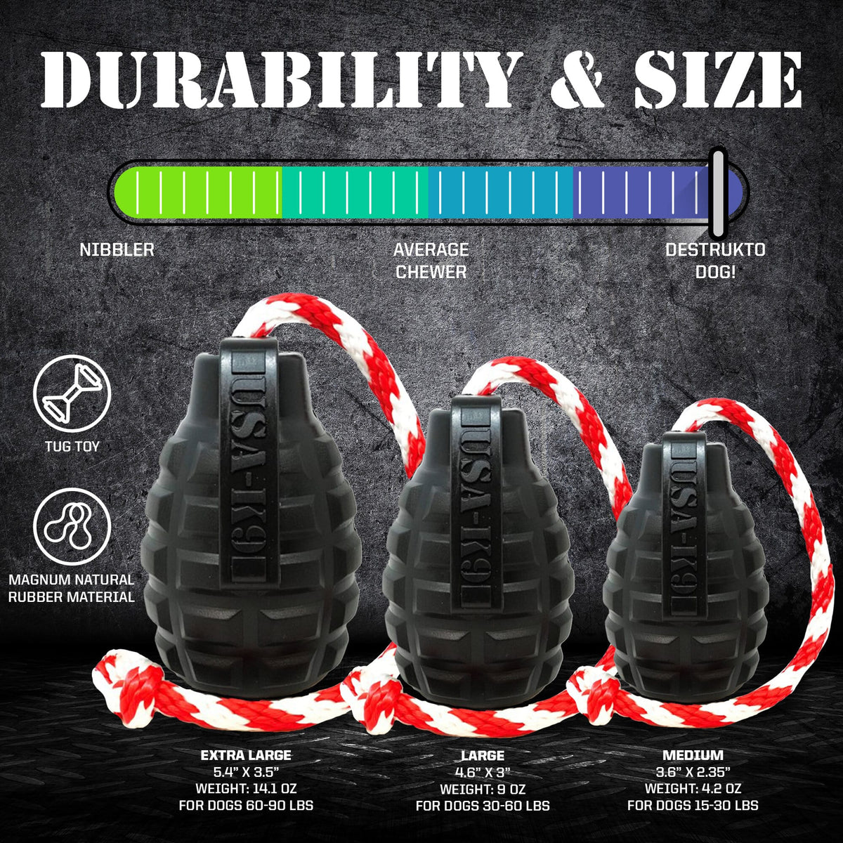 USA-K9 Magnum Grenade - Black Magnum Rubber Chew Toy for Extreme Chewers