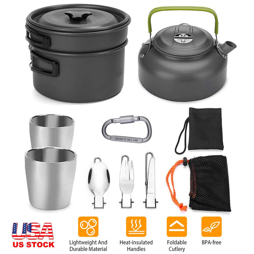 12Pcs Camping Cookware Set Stove Aluminum Pot Pans Kit for Outdoor w/ Eating Utensils