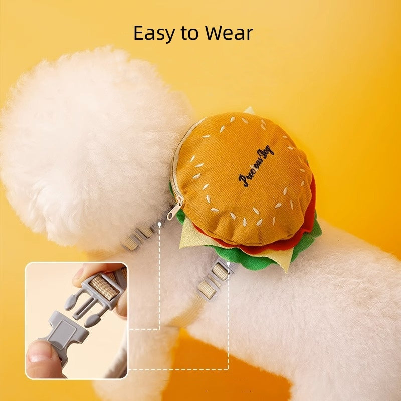 Cartoon Hamburger Chips Design Vest Leash For Cats And Dogs W/ Backpack Escape Proof