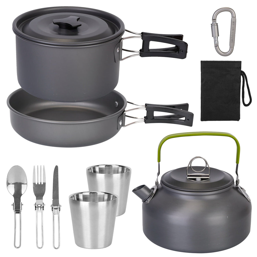 12Pcs Camping Cookware Set Stove Aluminum Pot Pans Kit for Outdoor w/ Eating Utensils