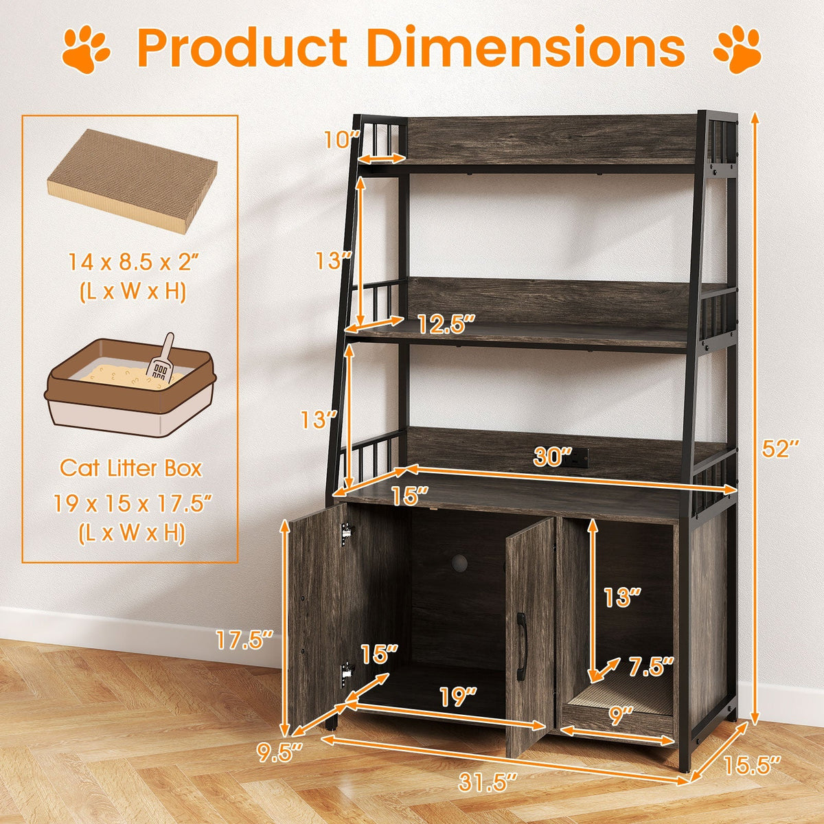 Cat Litter Box Enclosure with Storage Shelves and Scratching Pad