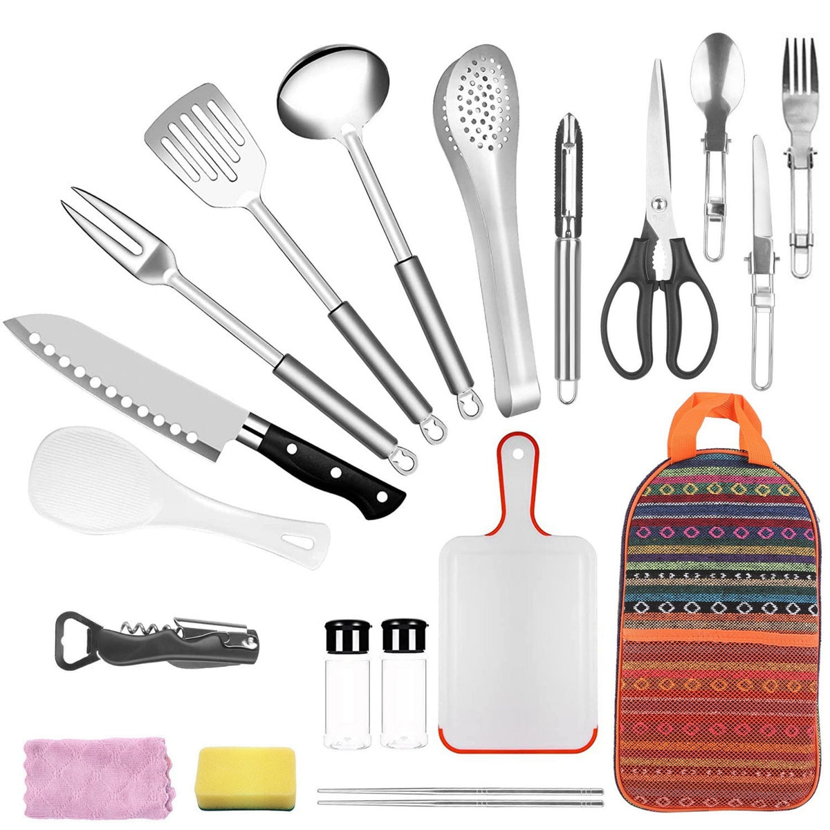 19Pcs Camping Cookware Set - Portable Outdoor Kitchen Gear with Bag: Utensils