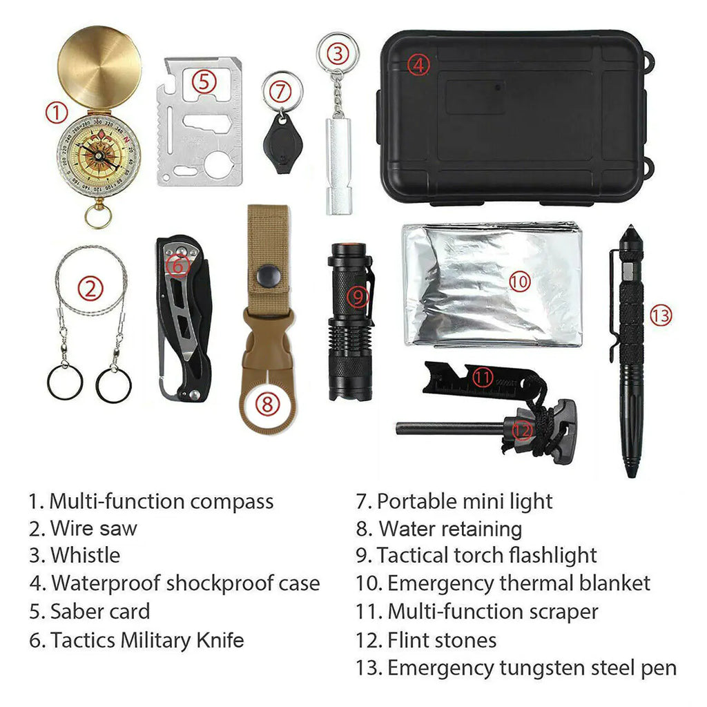 14 in 1 Outdoor Emergency Survival Safety Gear Kit Camping Tactical Tools SOS EDC Case