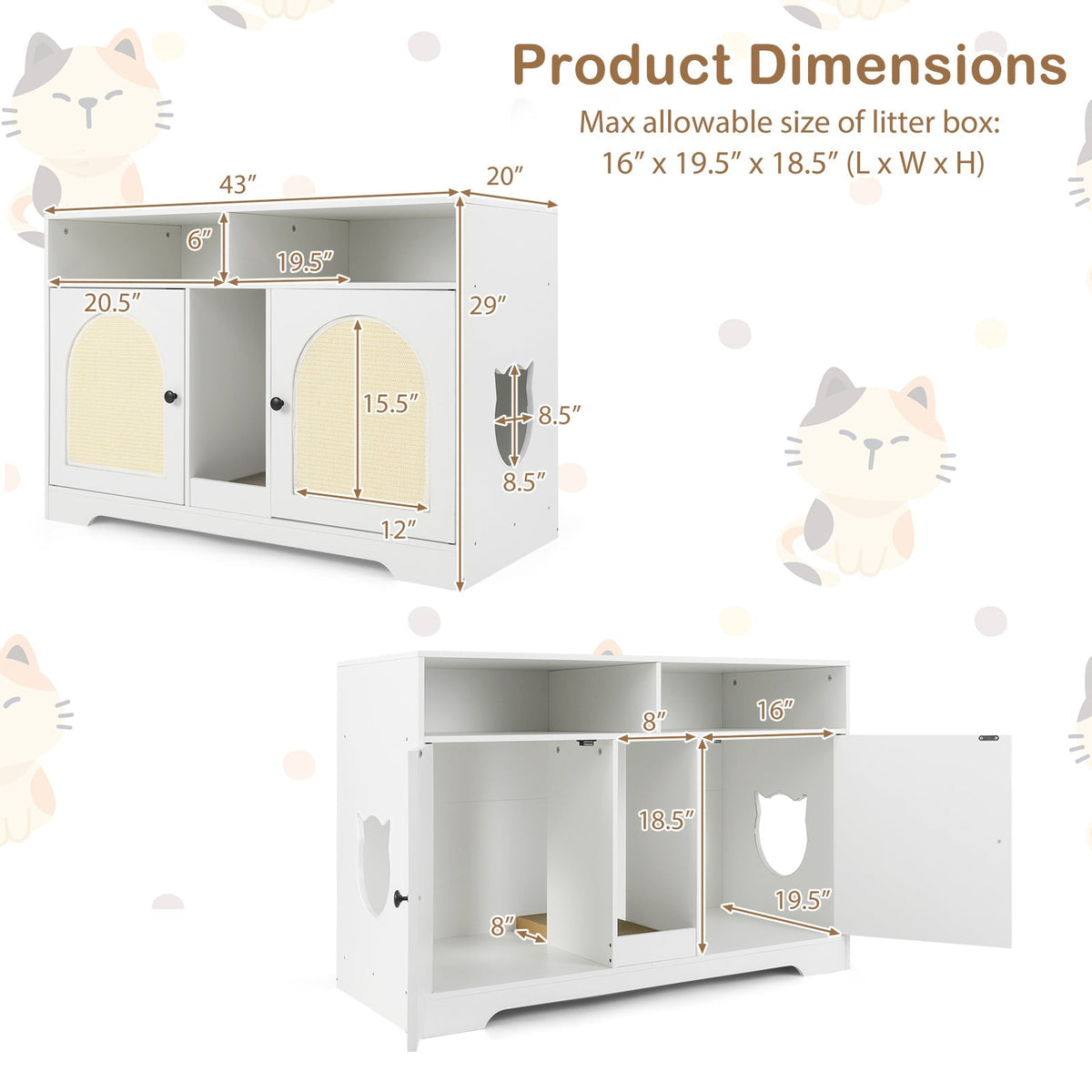 43 Inches Cat Litter Box Enclosure with Storage and Double Rooms-White