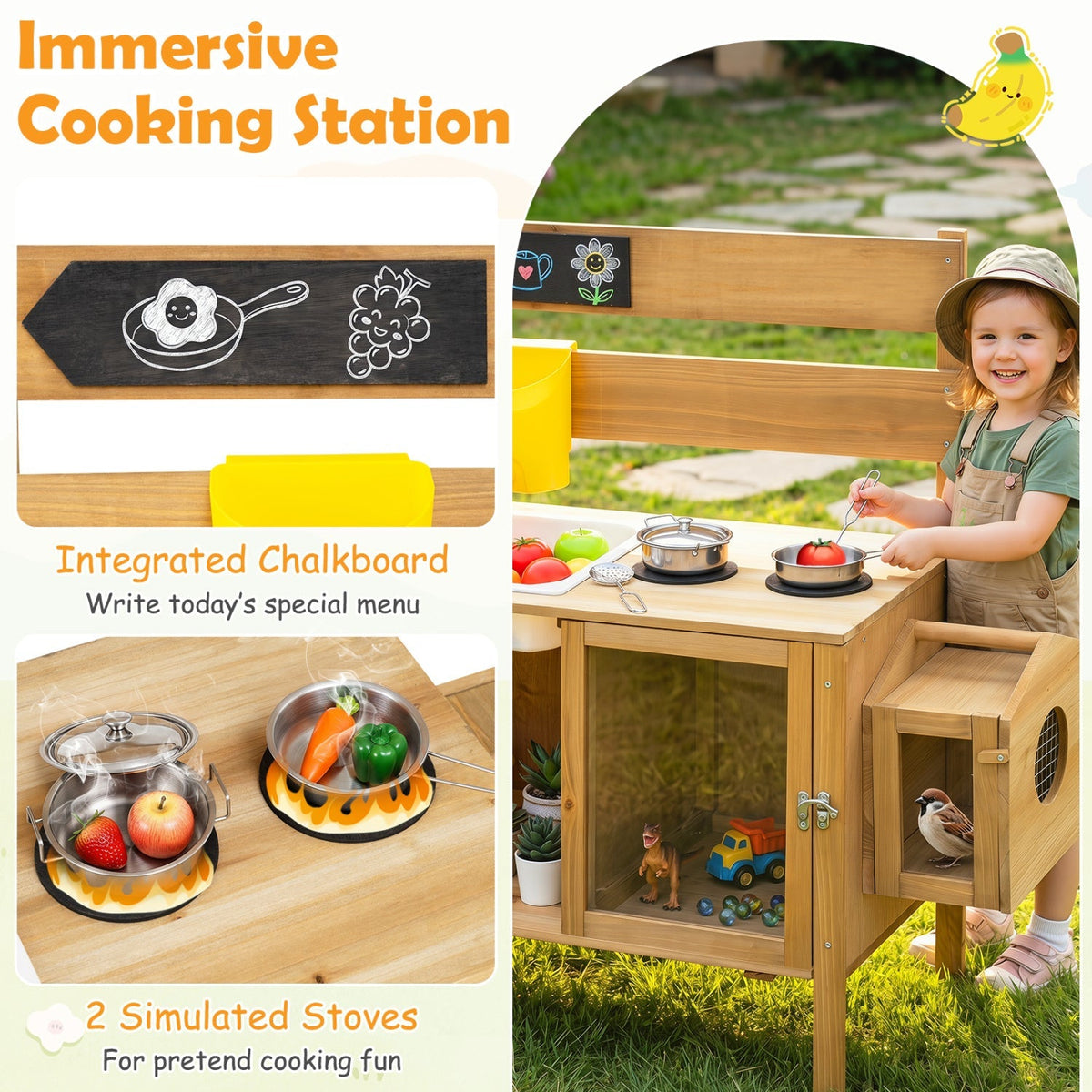 Wooden Mud Kitchen for Kids with Detachable Bird Cage