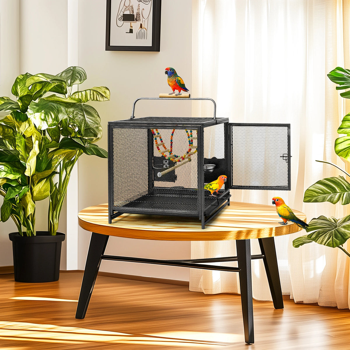 Wrought Iron Bird Travel Carrier Cage with Handle Wooden Perch