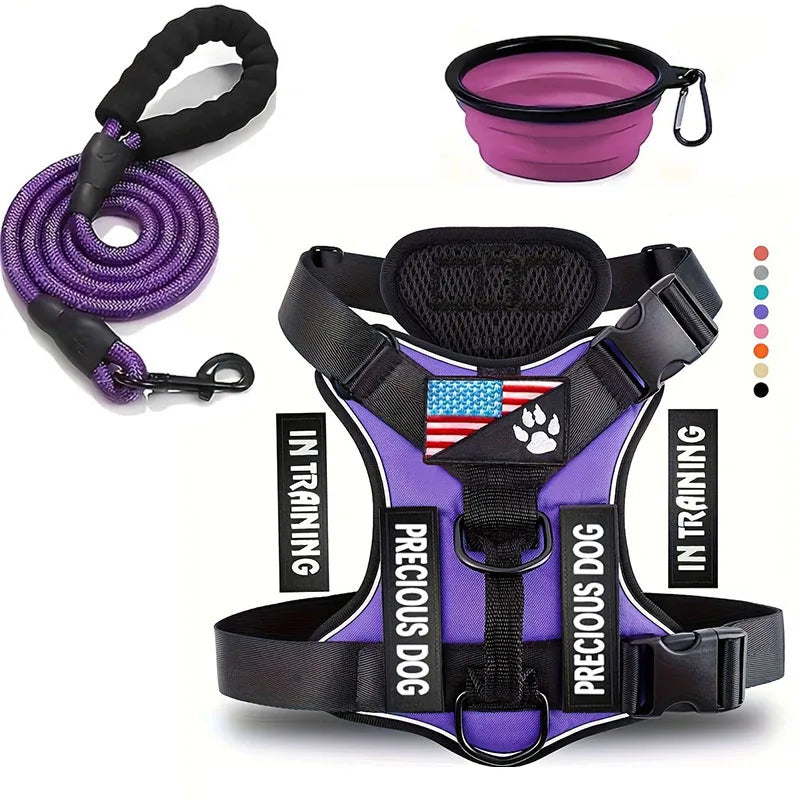 Service Dog Harness Leash Set w/ 1pc Folding Bowl Reflective  Dog Soft Oxford For Small Dog