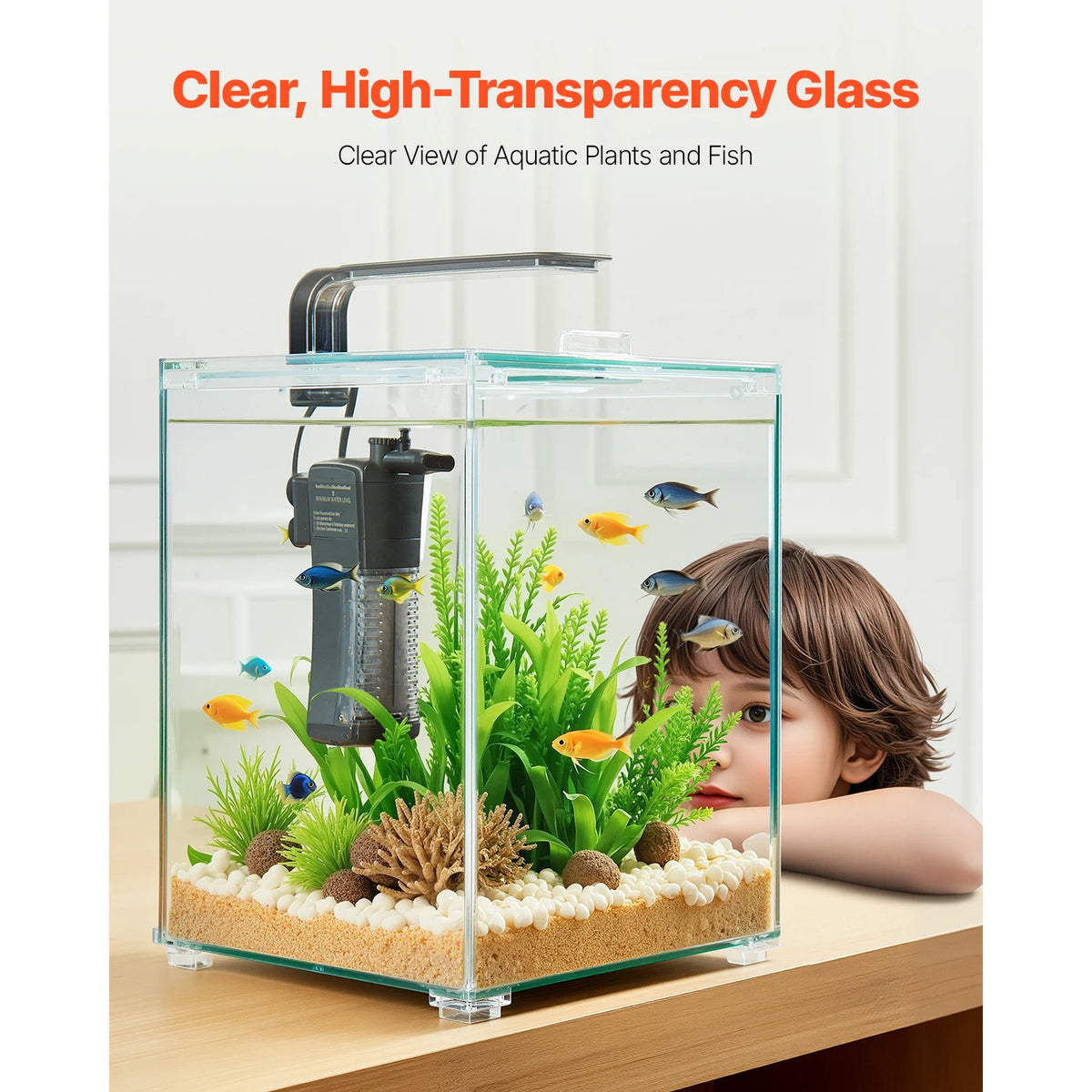 Fish Tank Aquarium 5Gal Square Ultra-Clear Glass Starter Tank Self Cleaning System