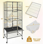 Large Rolling Bird Cage for Parrots & Cockatiels w/ Storage Shelf Feed Bowls & Wood Perches