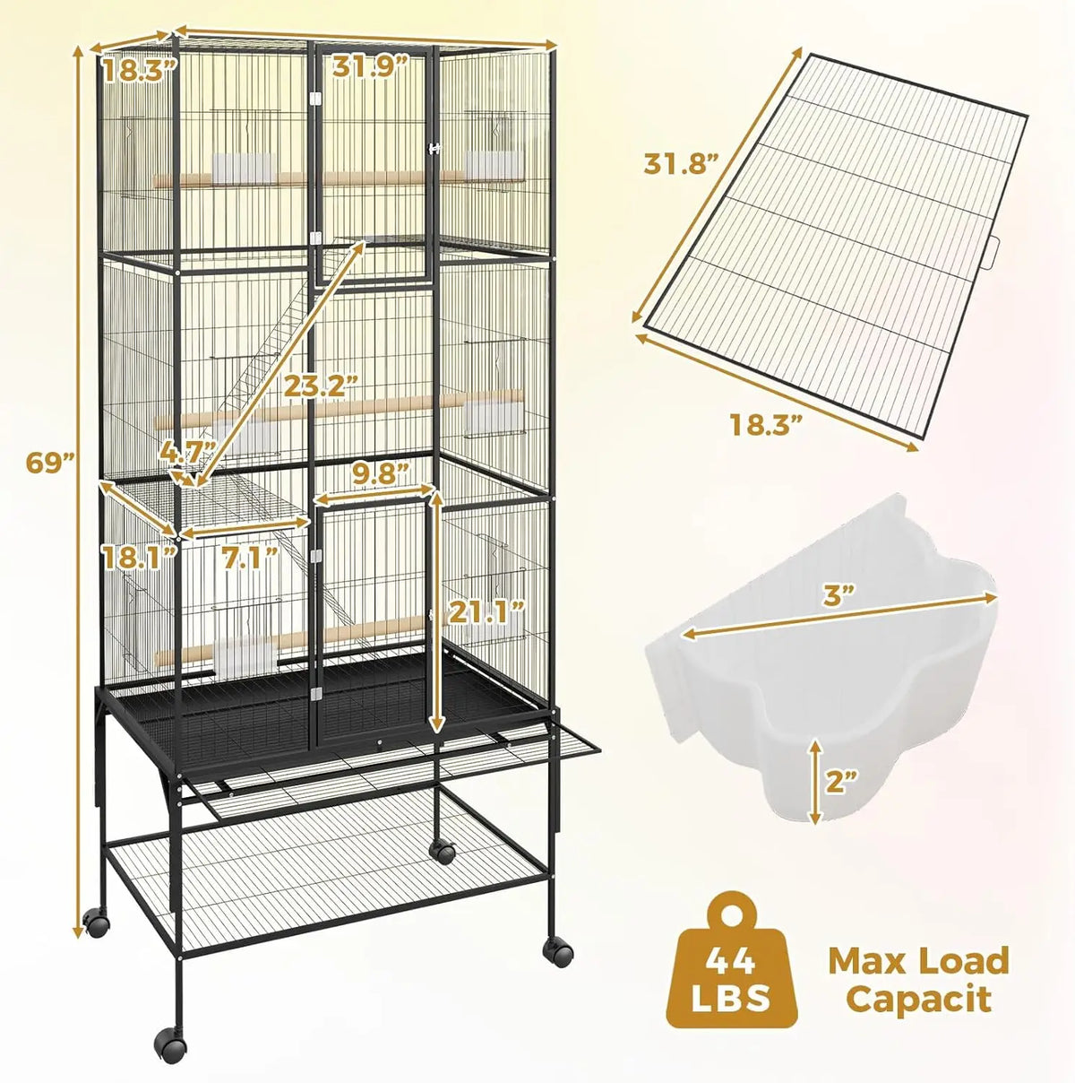 Large Rolling Bird Cage for Parrots & Cockatiels w/ Storage Shelf Feed Bowls & Wood Perches