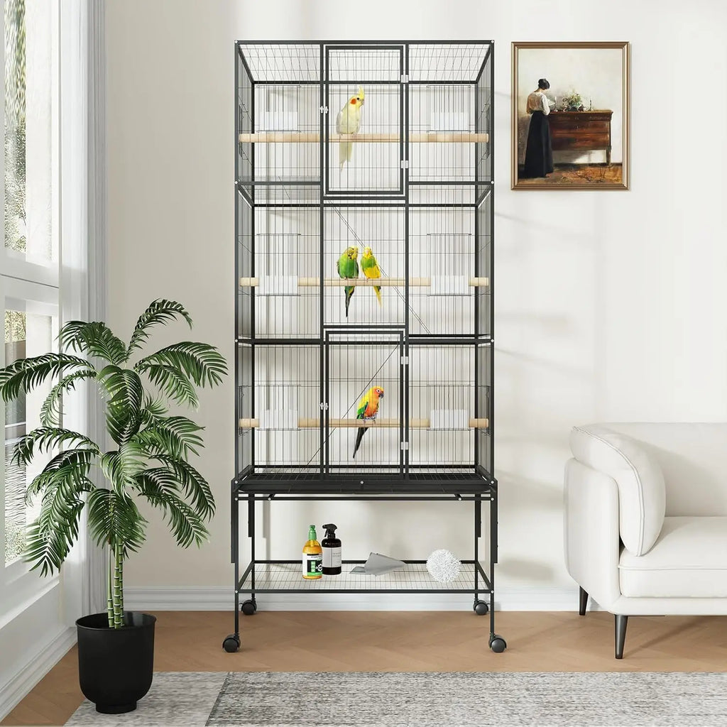 Large Rolling Bird Cage for Parrots & Cockatiels w/ Storage Shelf Feed Bowls & Wood Perches
