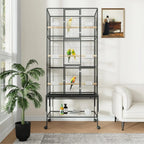 Large Rolling Bird Cage for Parrots & Cockatiels w/ Storage Shelf Feed Bowls & Wood Perches