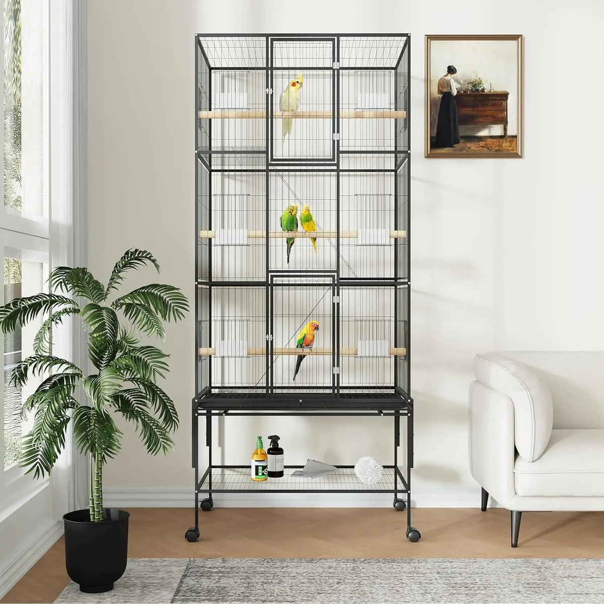 Large Rolling Bird Cage for Parrots & Cockatiels w/ Storage Shelf Feed Bowls & Wood Perches
