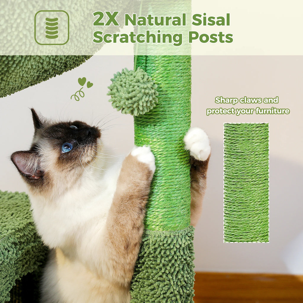 Cactus Cat Tree with Large Condo, Hammock, Dangling Ball, Cat Tower, Indoor, Cat Toys