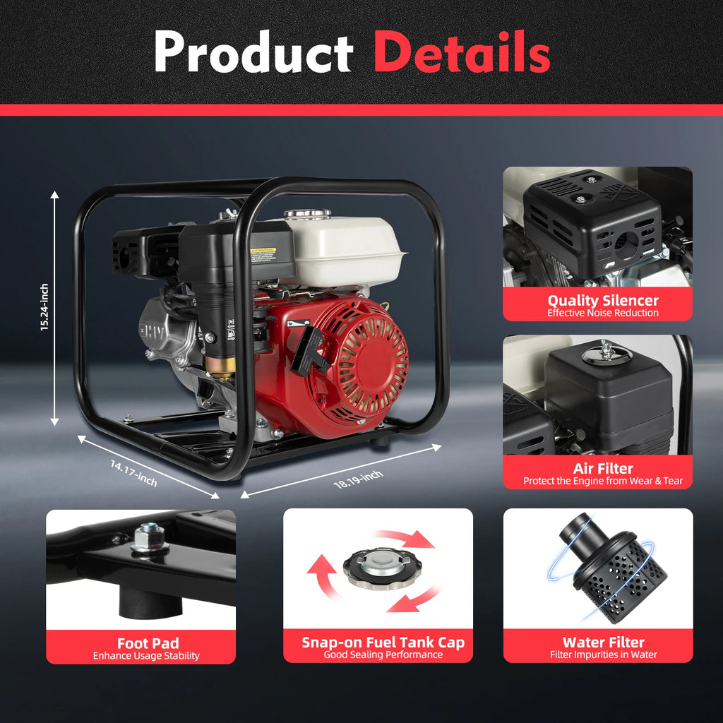 Water Pump, 2 inch 6.5HP 4 Stroke Pump, 210cc, for Irrigation, Fish Pond Breeding