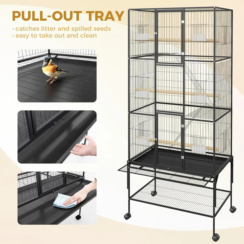 Large Rolling Bird Cage for Parrots & Cockatiels w/ Storage Shelf Feed Bowls & Wood Perches