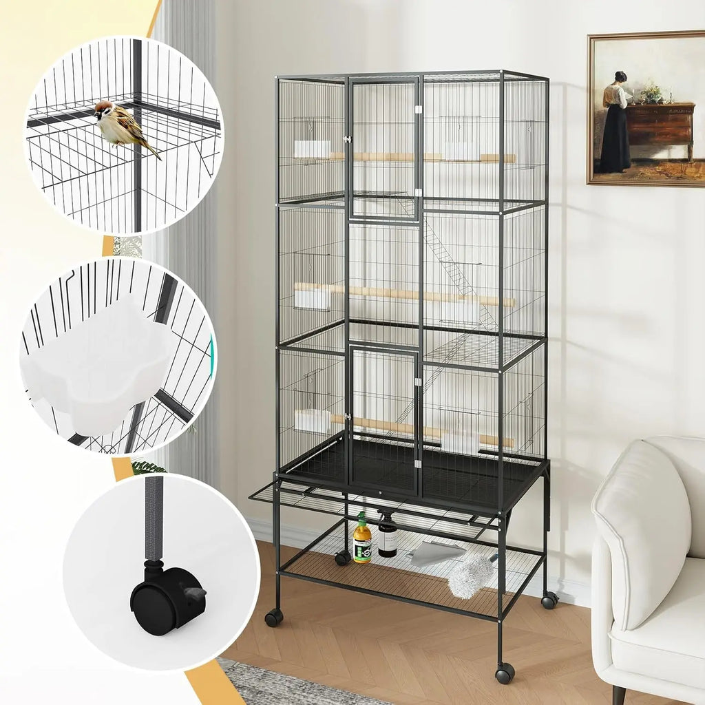 Large Rolling Bird Cage for Parrots & Cockatiels w/ Storage Shelf Feed Bowls & Wood Perches