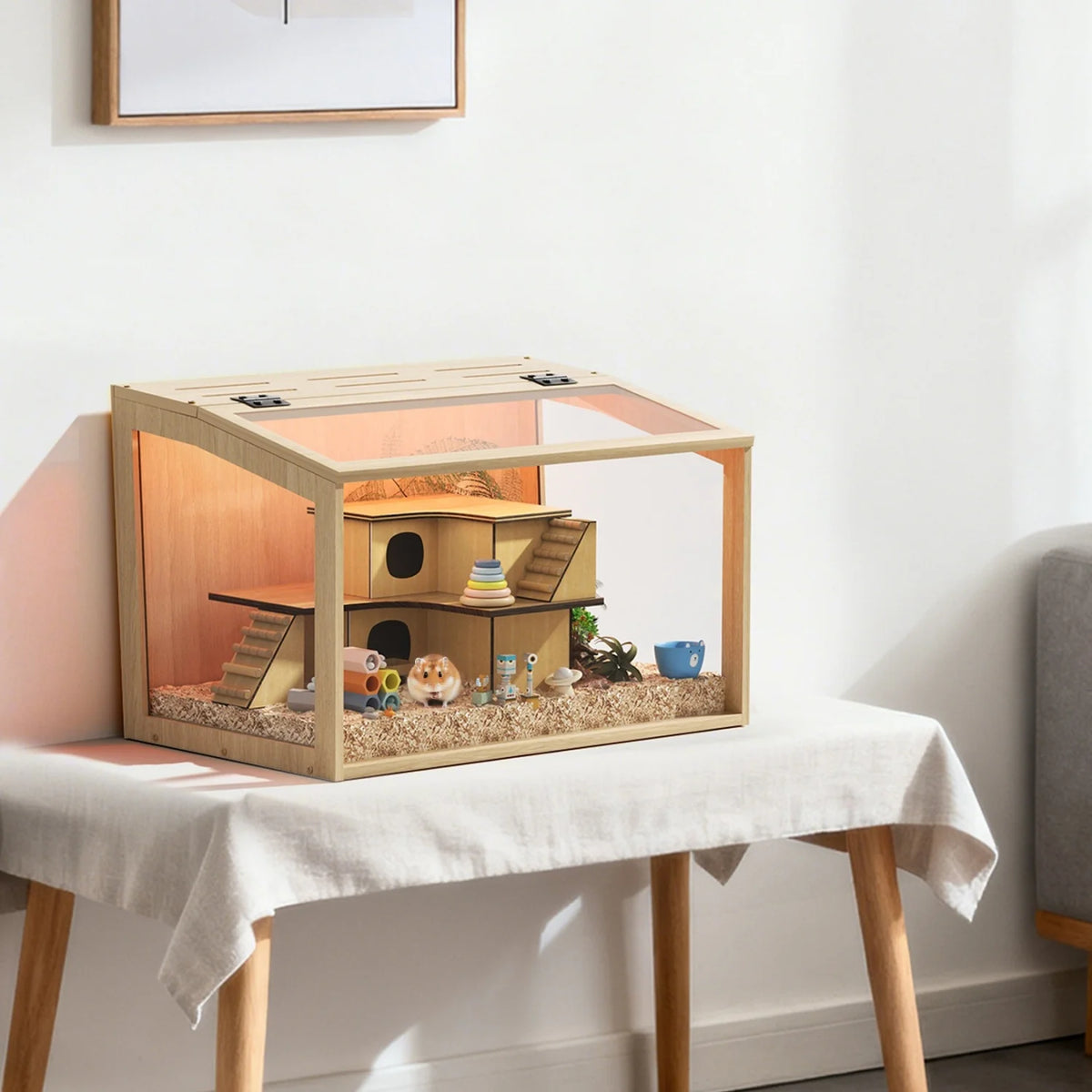 60/80CM Large Natural Wooden Cage Built-in LED Light