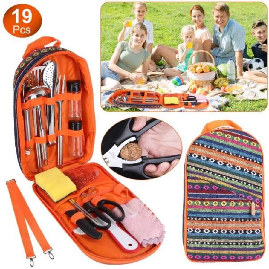 19Pcs Camping Cooking Utensil Kit Portable Picnic Cookware Outdoor Kitchen Equipment Gearr
