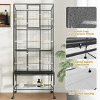 Large Rolling Bird Cage for Parrots & Cockatiels w/ Storage Shelf Feed Bowls & Wood Perches