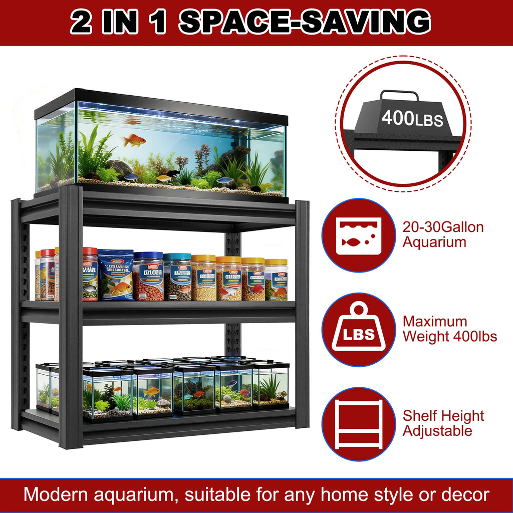 Heavy Duty Metal Aquarium Stand for 20-30 Gallon Fish Tank, 3-Tier Adjustable Storage Shelf, Holds up to 400 Lbs