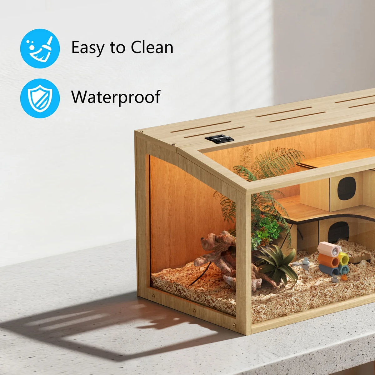 60/80CM Large Natural Wooden Cage Built-in LED Light