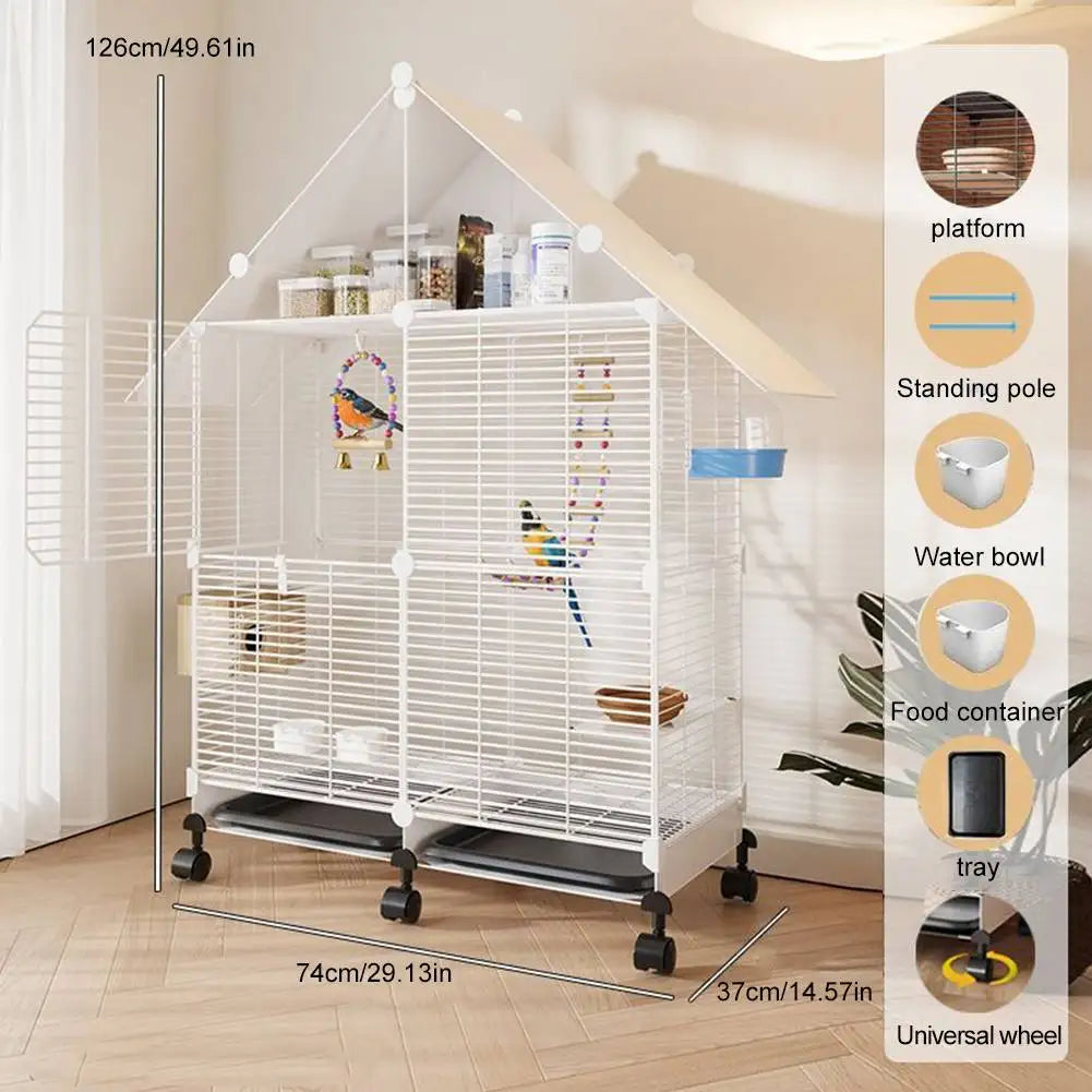 Large 2 tier Bird Cage with
Wheels Stand House Shape