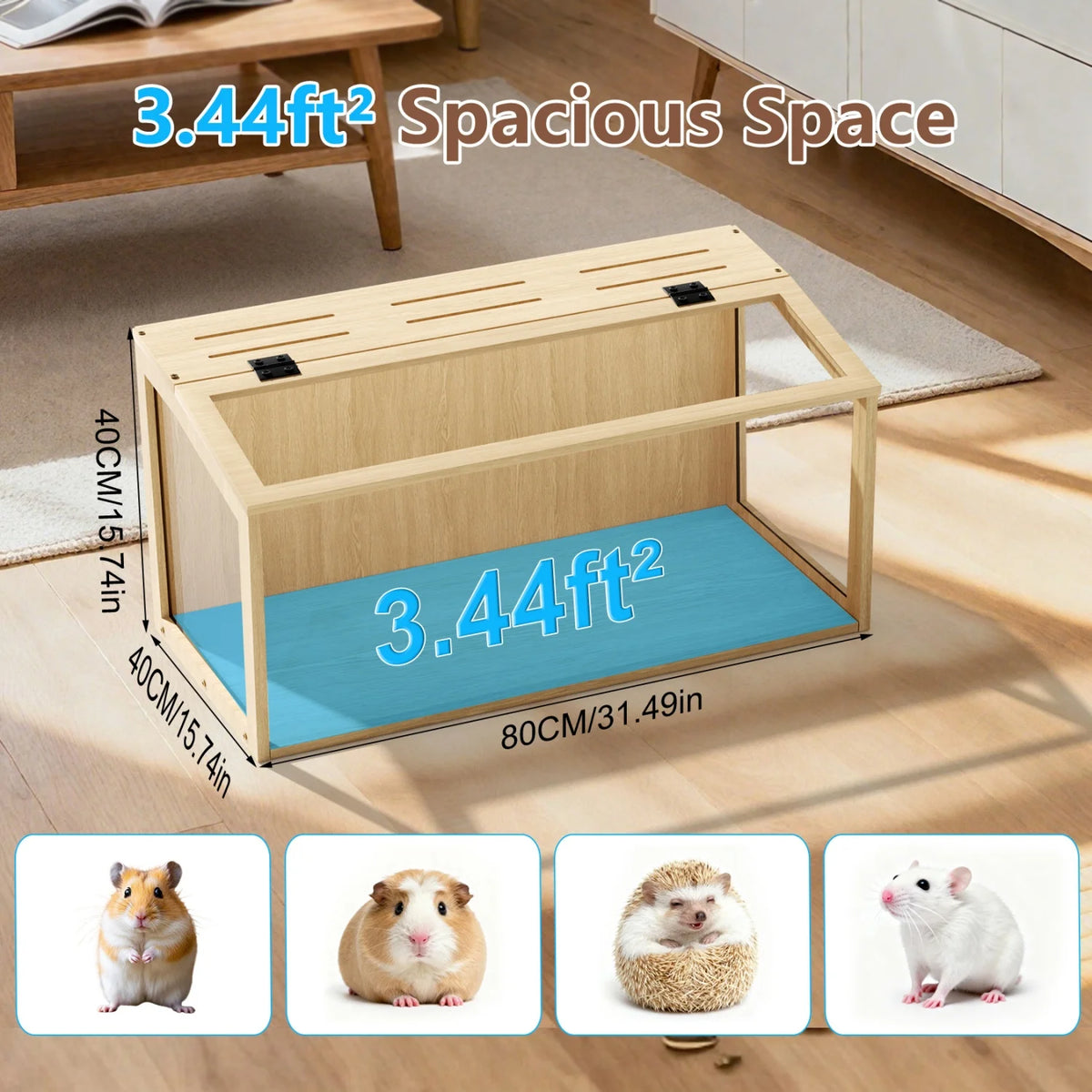 60/80CM Large Natural Wooden Cage Built-in LED Light