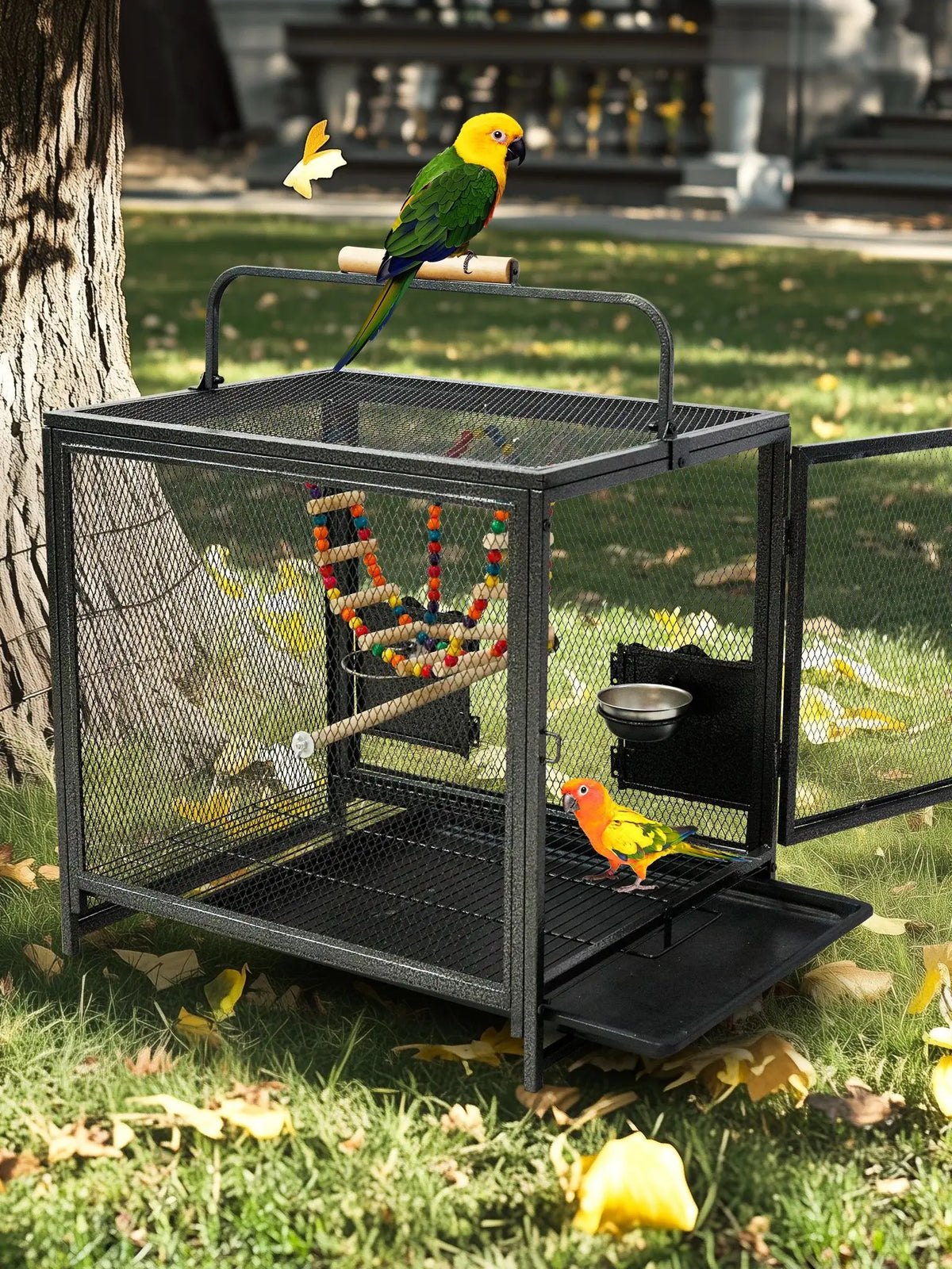 Wrought Iron Bird Travel Carrier Cage with Handle Wooden Perch