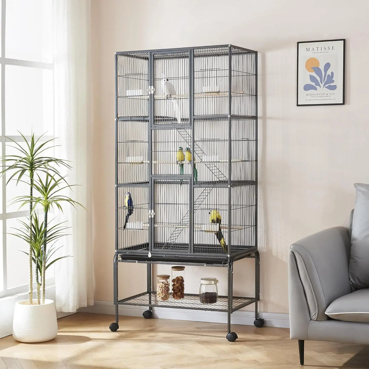 Large Rolling Bird Cage for Parrots & Cockatiels w/ Storage Shelf Feed Bowls & Wood Perches