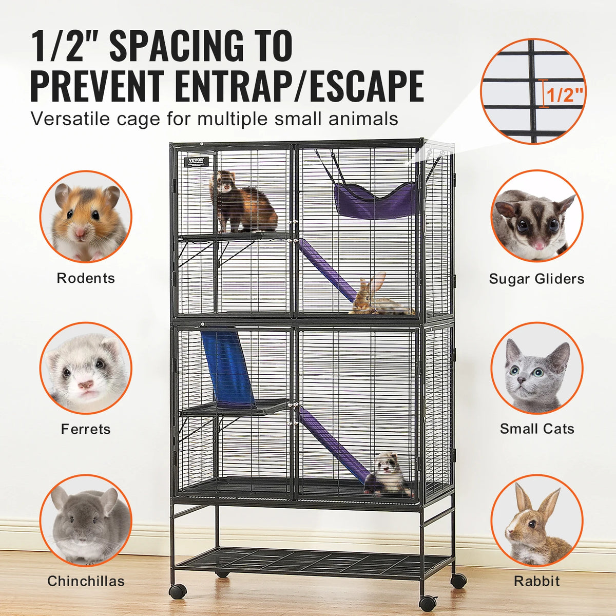64.6"Rolling Metal Cage Large 4-Tier