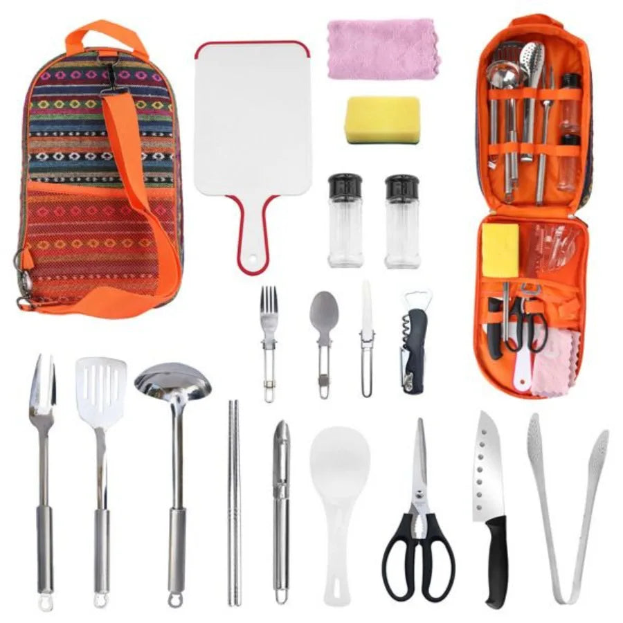 19Pcs Camping Cooking Utensil Kit Portable Picnic Cookware Outdoor Kitchen Equipment Gearr