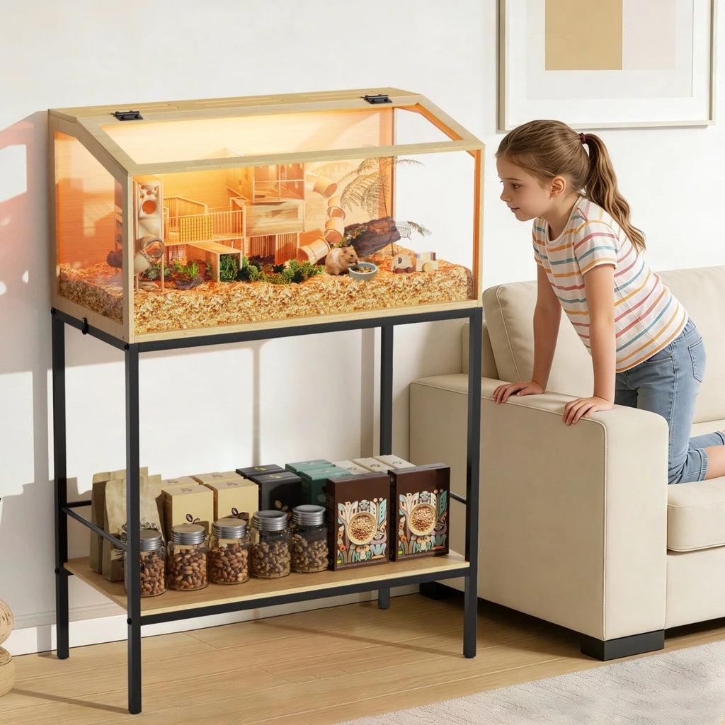 80x39x116cm Wooden Hamster Cage Built-in LED Habitat