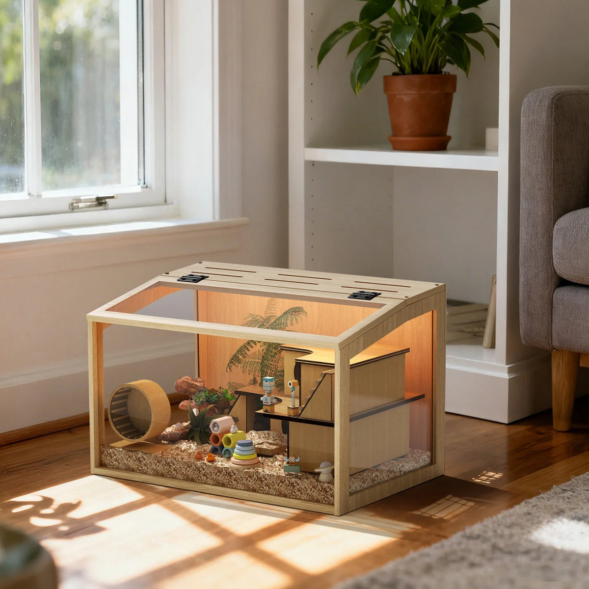 60/80CM Large Natural Wooden Cage Built-in LED Light