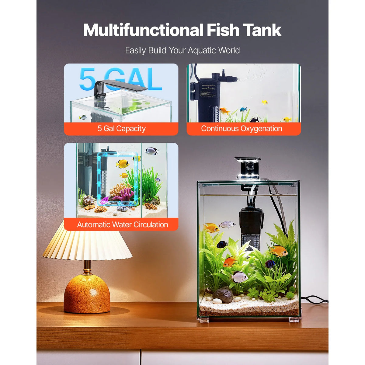 Fish Tank Aquarium 5Gal Square Ultra-Clear Glass Starter Tank Self Cleaning System