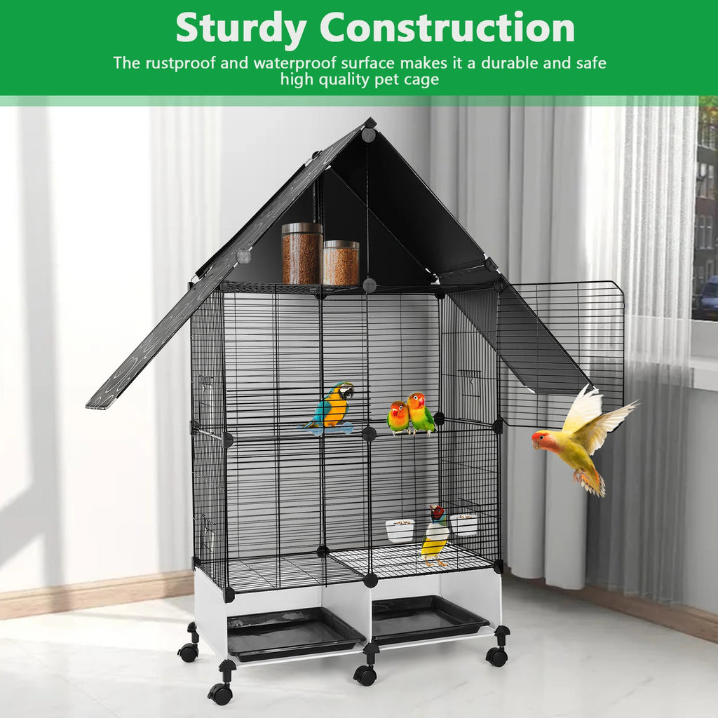 Large 2 tier Bird Cage with
Wheels Stand House Shape