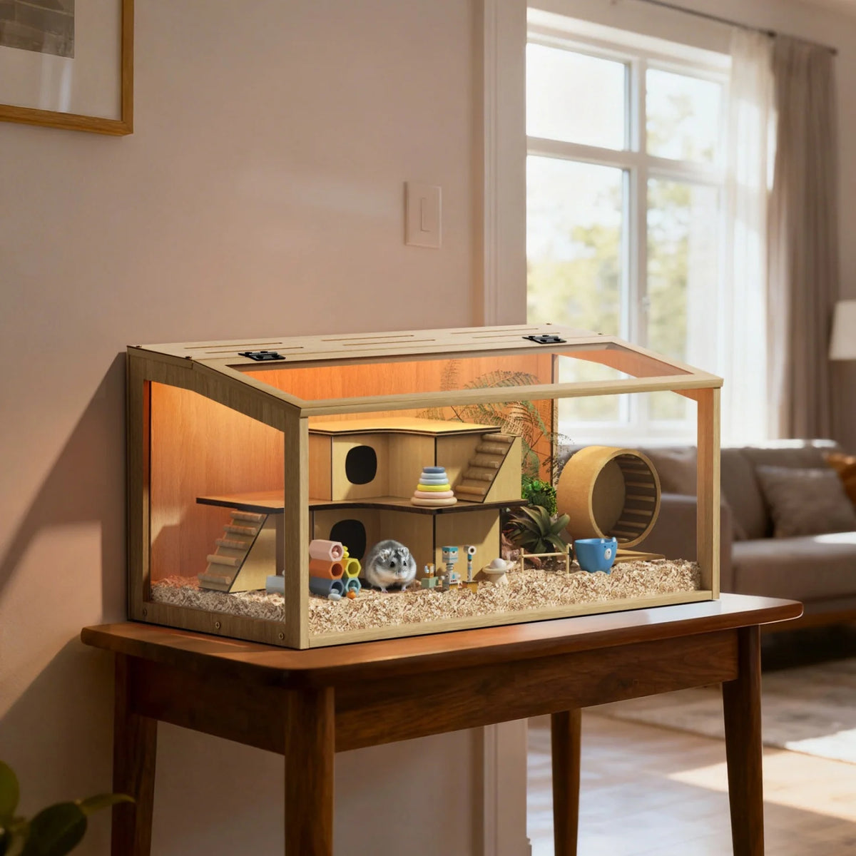 60/80CM Large Natural Wooden Cage Built-in LED Light
