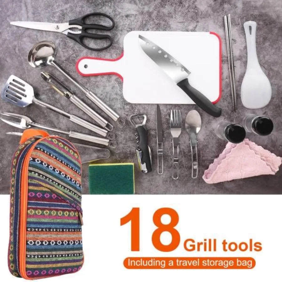 19Pcs Camping Cooking Utensil Kit Portable Picnic Cookware Outdoor Kitchen Equipment Gearr