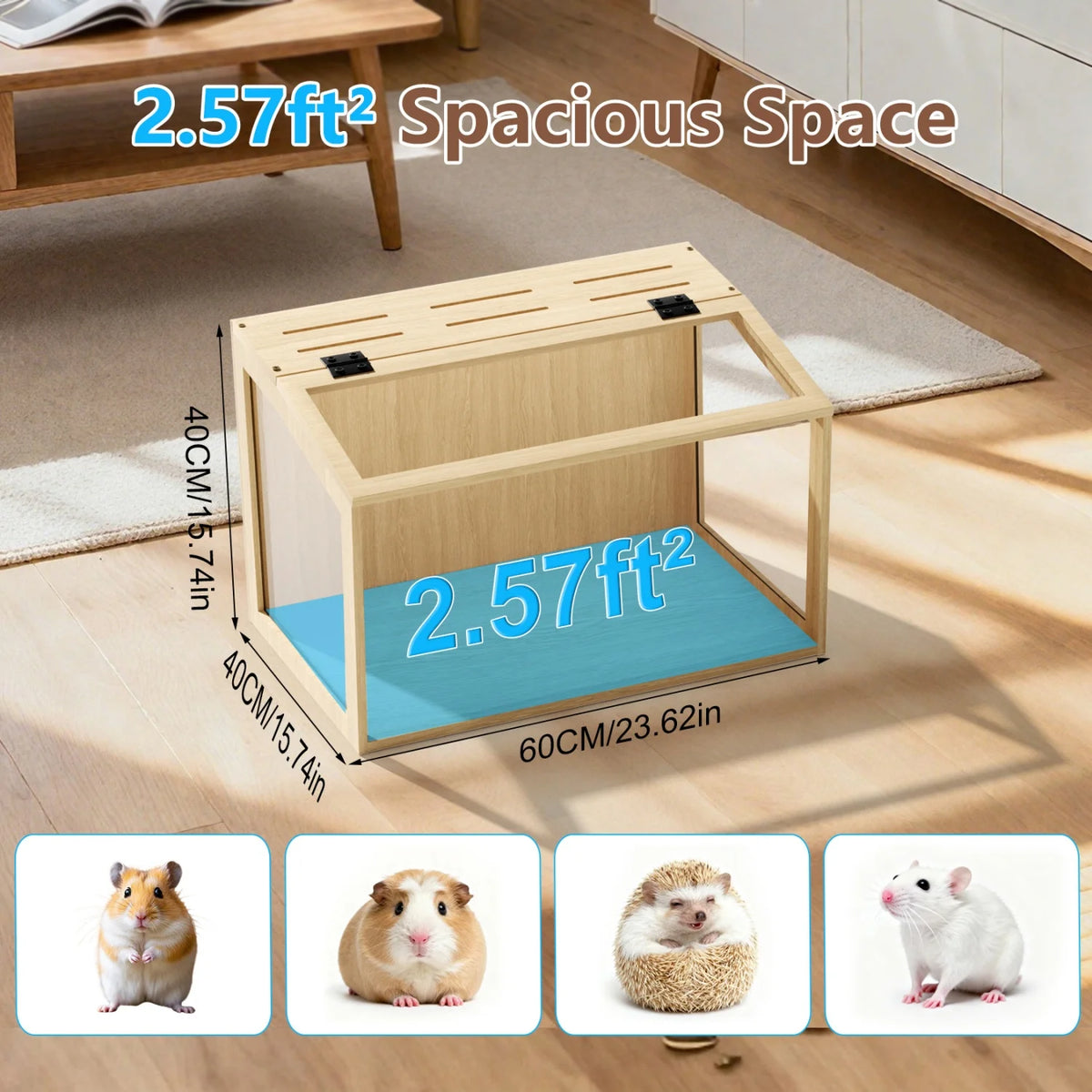 60/80CM Large Natural Wooden Cage Built-in LED Light