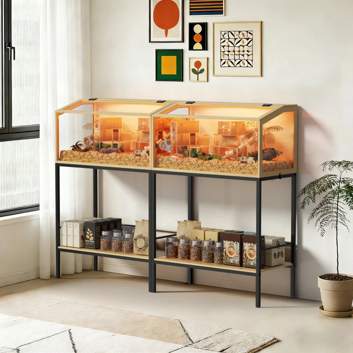 80x39x116cm Wooden Hamster Cage Built-in LED Habitat